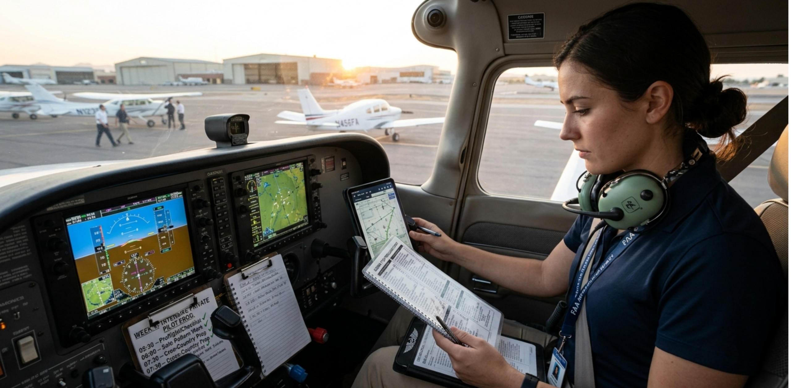 Pilot in cockpit of training aircraft at sunset with an accelerated training schedule board visible in the background