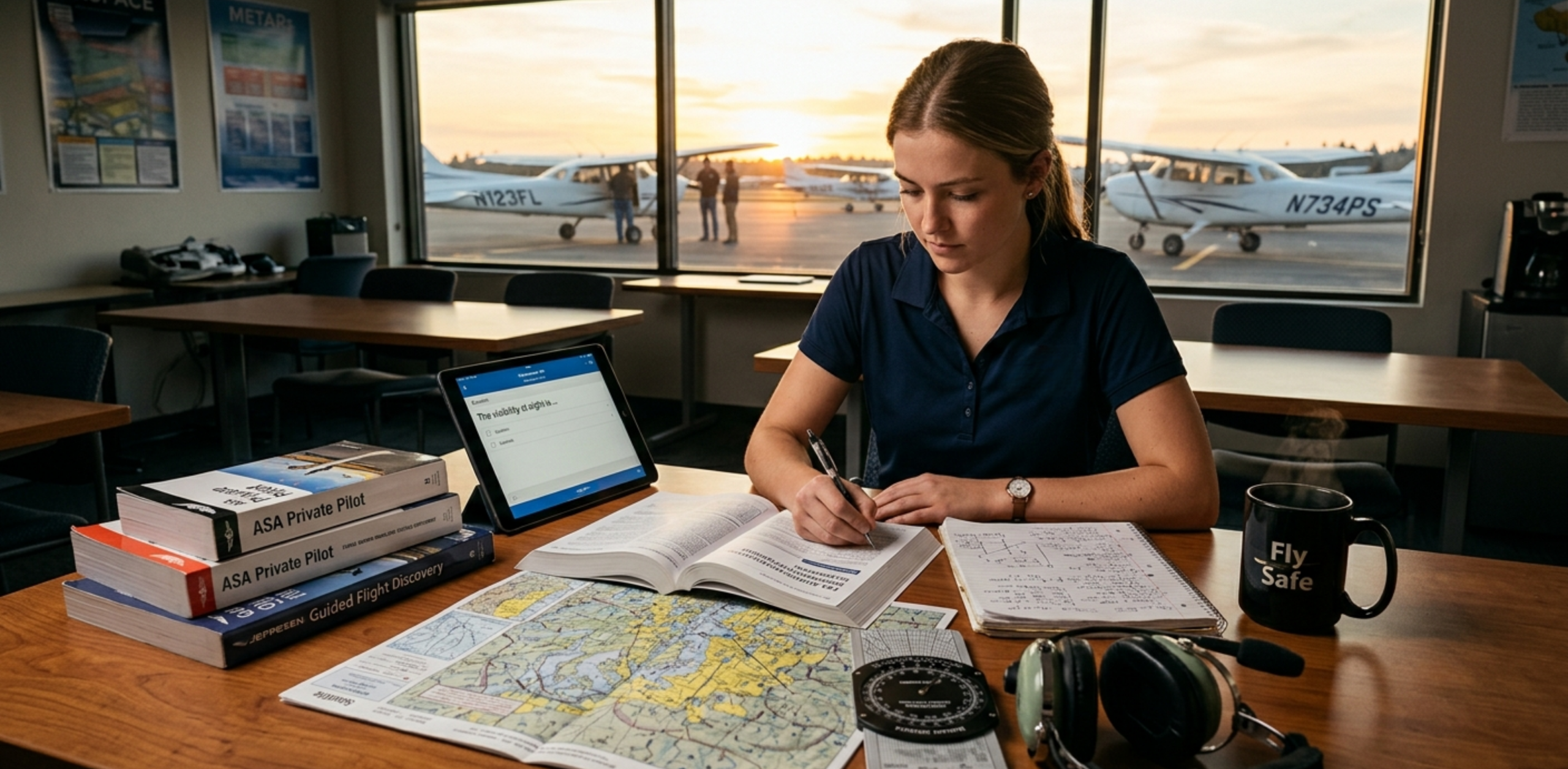 Student pilot studying aviation charts and FAA regulations at a desk with flight training textbooks and a tablet